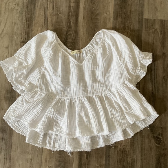 STARK X White Frayed Hem Babydoll Short Sleeve Ruffled Top Size XSmall - Picture 2 of 5